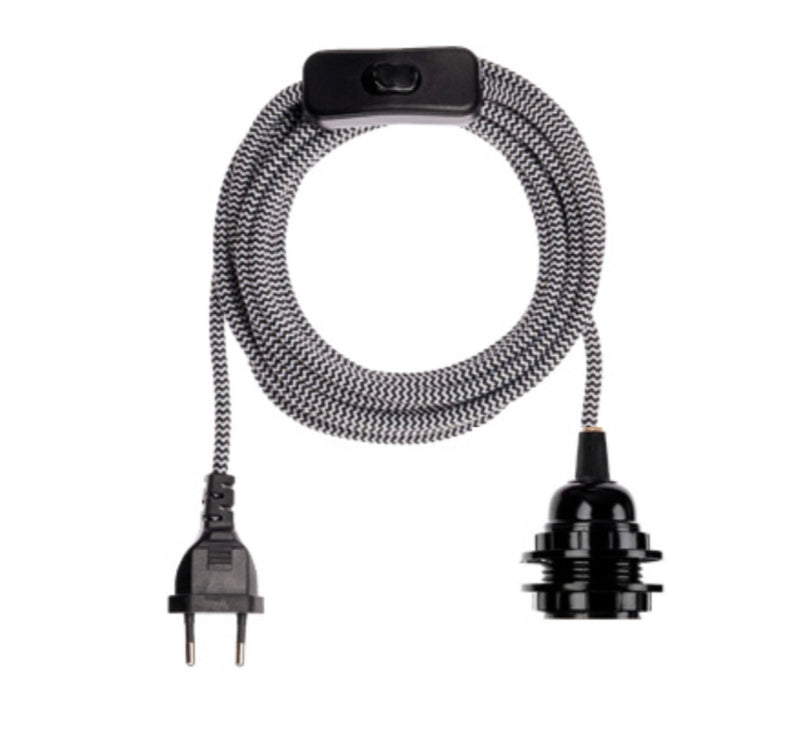Suspension Douille noire câble tissu noir-blanc avec prise et interrupteur (L.400cm)